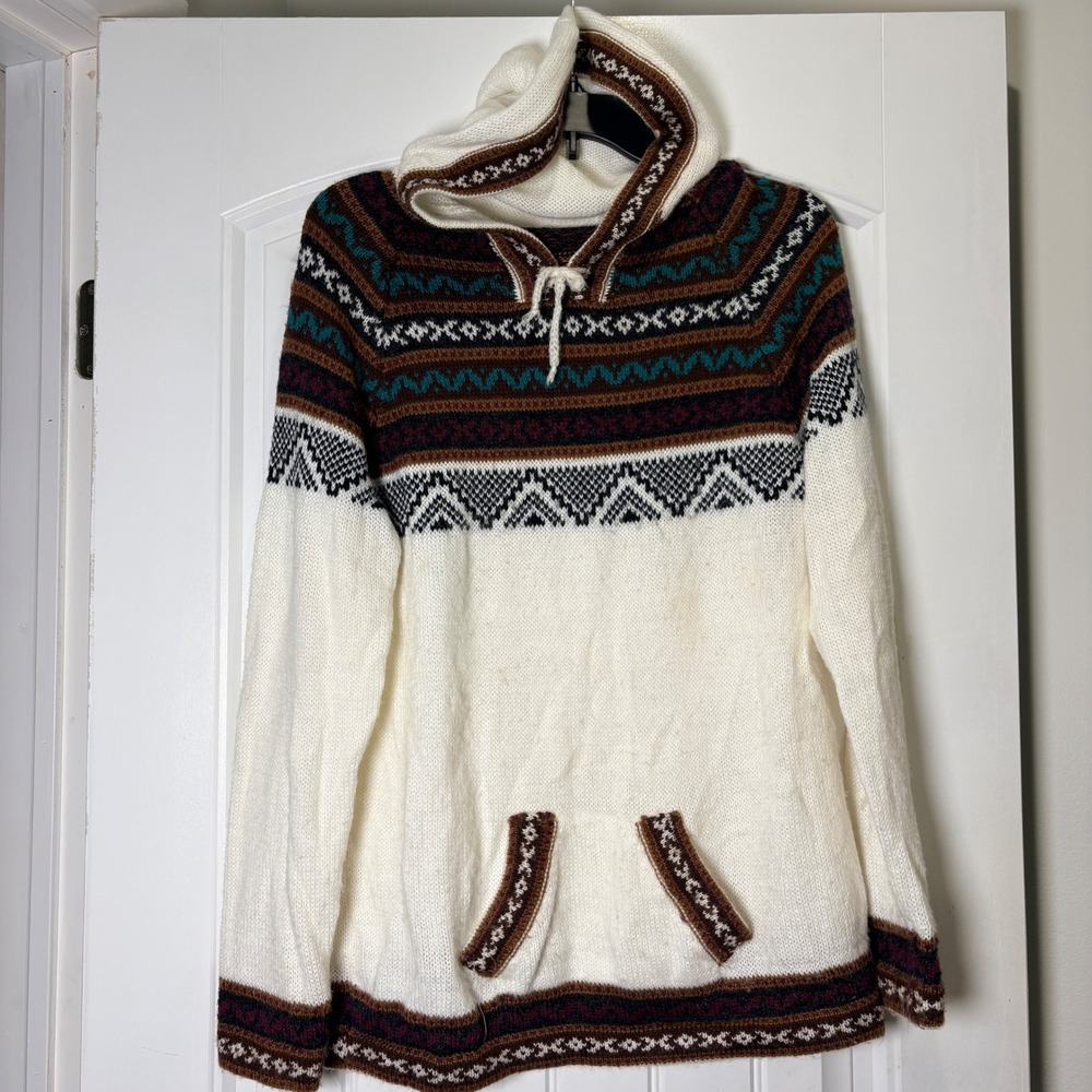 Alpaca Wool Hoodie Womens Large Cream Fair Isle Knit Ecuador Sweater
